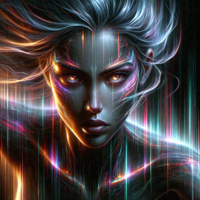 The primary subject of the image is a woman with a futuristic appearance. She has a mix of human and robotic features, including a mechanical face and a glowing, colorful body. The setting is a dark, futuristic environment, with the woman standing in front of a colorful background. The visual style is a combination of digital art and illustration, creating a unique and captivating image. The colors and mood of the image are vibrant and energetic, with the woman's glow